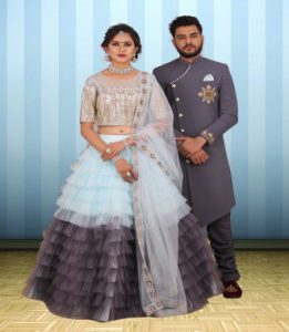 Couple Wear Grey Designer Indo Western and Lehenga Choli Set