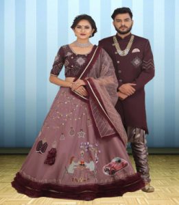 Couple Wear Brown Designer Indo Western and Lehenga Choli Set